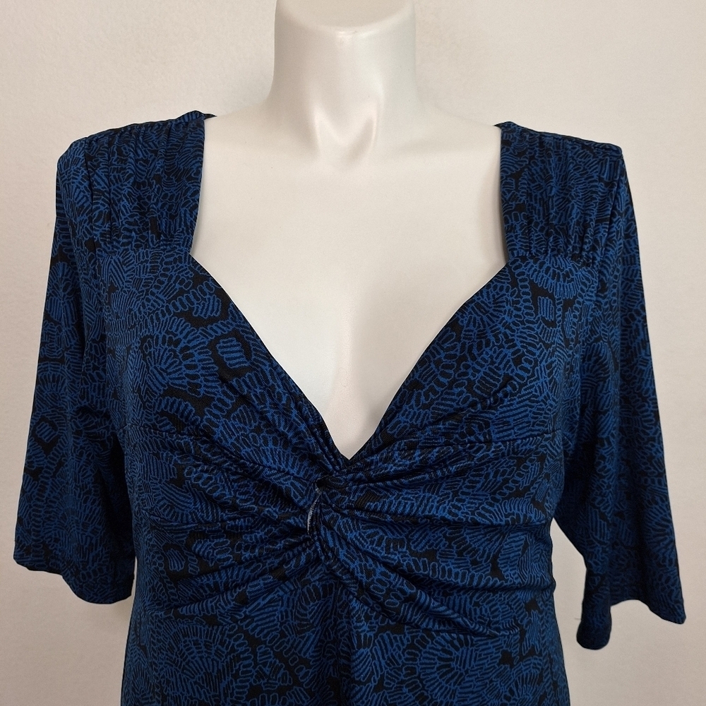 Lucie Lu Blue Black Sweetheart V-Neck Preppy Feminine Midi Dress Plus Size 2X